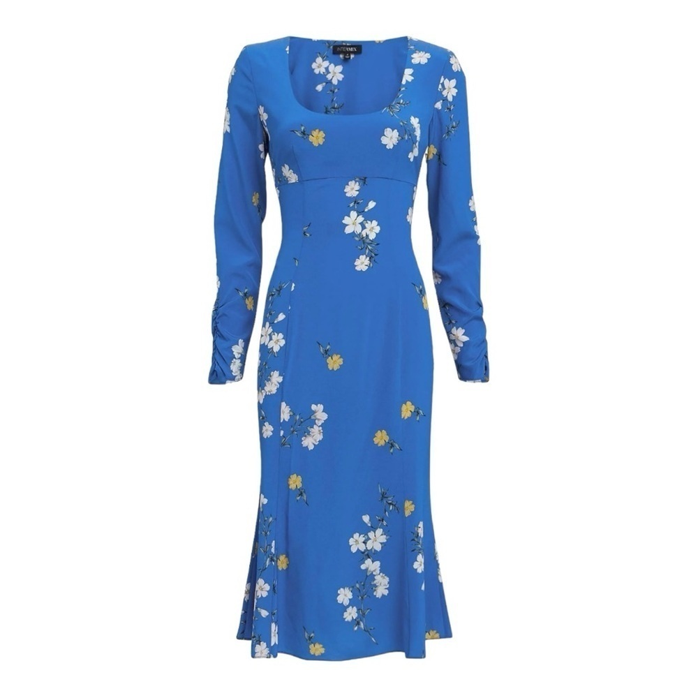 Intermix Mariabella Blue Silk Floral Long Sleeve Scoop Neck Dress Women’s 0 - Picture 4 of 12